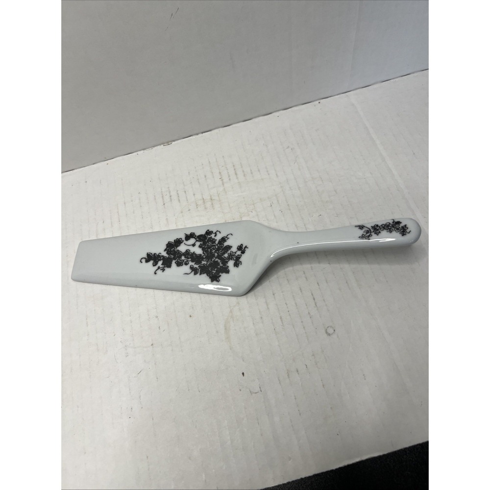 Vintage Ceramic Cake Pie Server Black White Floral Vine 10" Hand Painted